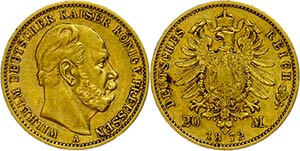 Prussia 20 Mark, 1872 A, Wilhelm I., small ... 