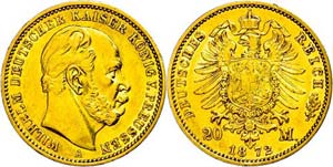 Prussia 20 Mark, 1872, A, Wilhelm I., edge ... 
