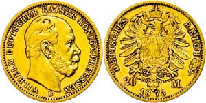 Prussia 20 Mark, 1873, B, Wilhelm I., small ... 