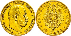 Prussia 10 Mark, 1874, Wilhelm II., small ... 