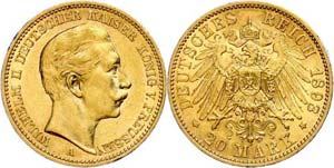 Prussia 20 Mark, 1893, Wilhelm II., small ... 