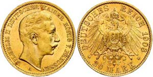 Prussia 20 Mark, 1908, Wilhelm II., small ... 