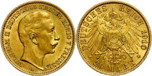 Prussia 20 Mark, 1910, Wilhelm I., Mzz A, ... 