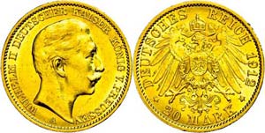 Prussia 20 Mark, 1912, A, Wilhelm II., small ... 