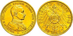 Prussia 20 Mark, 1913, Wilhelm II., small ... 