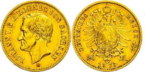 Sachsen 20 Mark, 1873, Johann, kl. Rf., ss., ... 