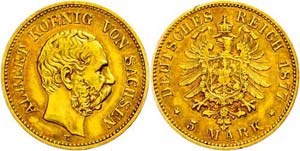 Sachsen 1877, 5 Mark, Albert, Hsp., ss, ... 