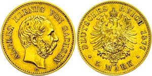 Sachsen 5 Mark, 1877, Albert, Stempelfehler, ... 