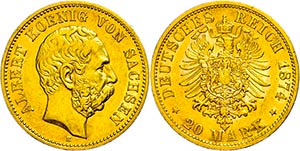 Saxony 20 Mark, 1874, Albert, planchet fault ... 