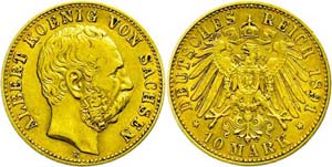 Saxony 10 Mark, 1891, Albert, very fine., ... 