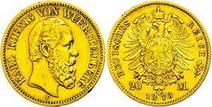 Württemberg 20 Mark, 1873, Karl, edge nick, ... 