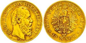 Württemberg 10 Mark, 1876, Karl, kl. Rf., ... 