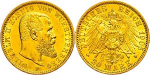 Württemberg 20 Mark, 1905, Wilhelm II., wz. ... 