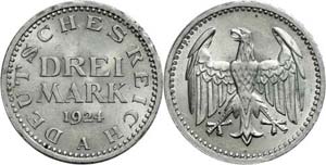 Coins Weimar Republic 3 Reichmark, 1924, A, ... 