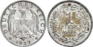Coins Weimar Republic 1 Reichmark, 1927, Mzz ... 