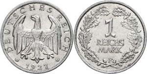 Coins Weimar Republic 1 Reichmark, 1927, Mzz ... 