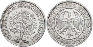 Coins Weimar Republic 5 Reichmark, 1931, oak ... 