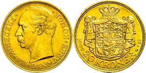 Denmark 20 coronas, Gold, 1902, Frederik ... 