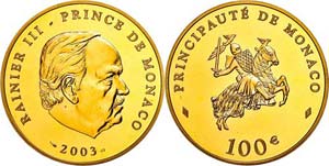 Monaco 100 Euro, Gold, 2003, Rainier III., ... 