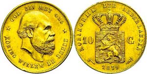 The Netherlands 10 Guilder, Gold, 1879, ... 