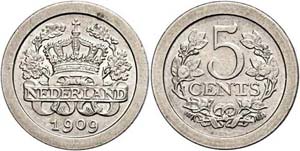 The Netherlands 5 cent, 1909, Wilhelmina, ... 