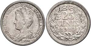 The Netherlands 25 cent, 1910, Wilhelmina, ... 