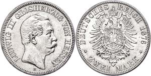 Hesse 2 Mark, 1876, Ludwig III., watermark. ... 