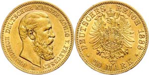 Prussia 20 Mark, 1888, Friedrich III., small ... 