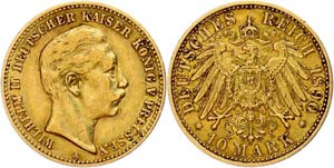 Prussia 10 Mark, 1890, Wilhelm II., small ... 