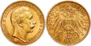 Prussia 20 Mark, 1894, Wilhelm II., Mzz J, ... 
