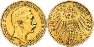 Prussia 20 Mark, 1895, Wilhelm II., small ... 