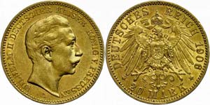 Prussia 20 Mark, 1906, A, Wilhelm II., small ... 
