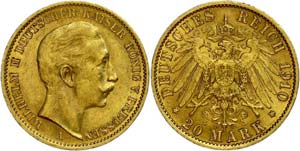 Prussia 20 Mark, 1910 A, Wilhelm II., edge ... 