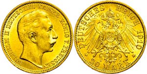Prussia 20 Mark, 1910, A, Wilhelm II., small ... 