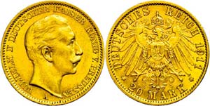 Prussia 20 Mark, 1911, Wilhelm II., small ... 