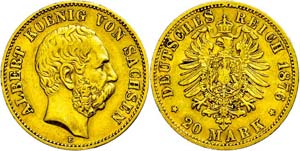 Saxony 20 Mark, 1876, Albert, very fine., ... 