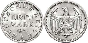 Münzen Weimar 3 Mark, 1924, A, kl. Rf., f. ... 