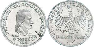 Münzen Bund ab 1946 5 Mark, 1955, Schiller, ... 