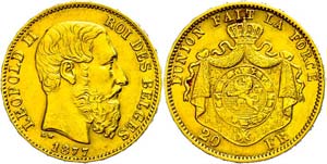 Belgium 20 Franc, Gold, 1877, Leopold II., ... 