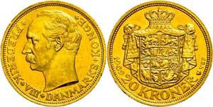 Denmark 20 coronas, Gold, 1909, Frederik ... 