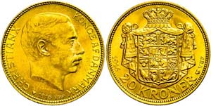 Denmark 20 coronas, Gold, 1916, Christian ... 