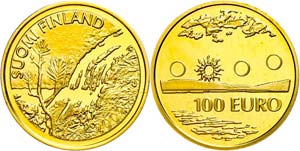 Finland 100 Euro, Gold, 2002, Midnight sun, ... 