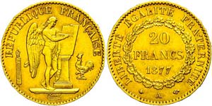 France 20 Franc, Gold, 1877, standing ... 