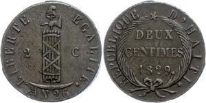 Haiti 2 Centimes, at 26, 1829, KM A22, very ... 