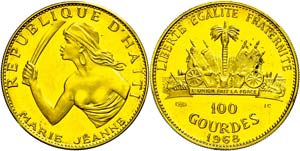 Haiti 100 Gourdes, Gold, 1968, Marie Jeanne, ... 