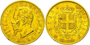 Italy 20 liras, Gold, 1863, Vittorio ... 