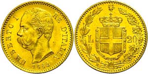 Italien 20 Lire, Gold, 1882, Umberto I., Fb. ... 