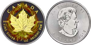 Canada 5 Dollars, 2015, Burning Maple Leaf, ... 