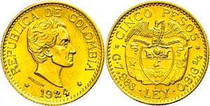 Columbia 5 Peso, Gold, 1924, Fb. 115, ... 