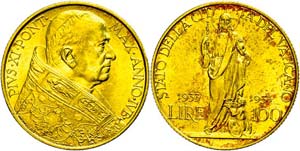 Vatican 100 liras, Gold, 1933, Pius XI., Fb. ... 